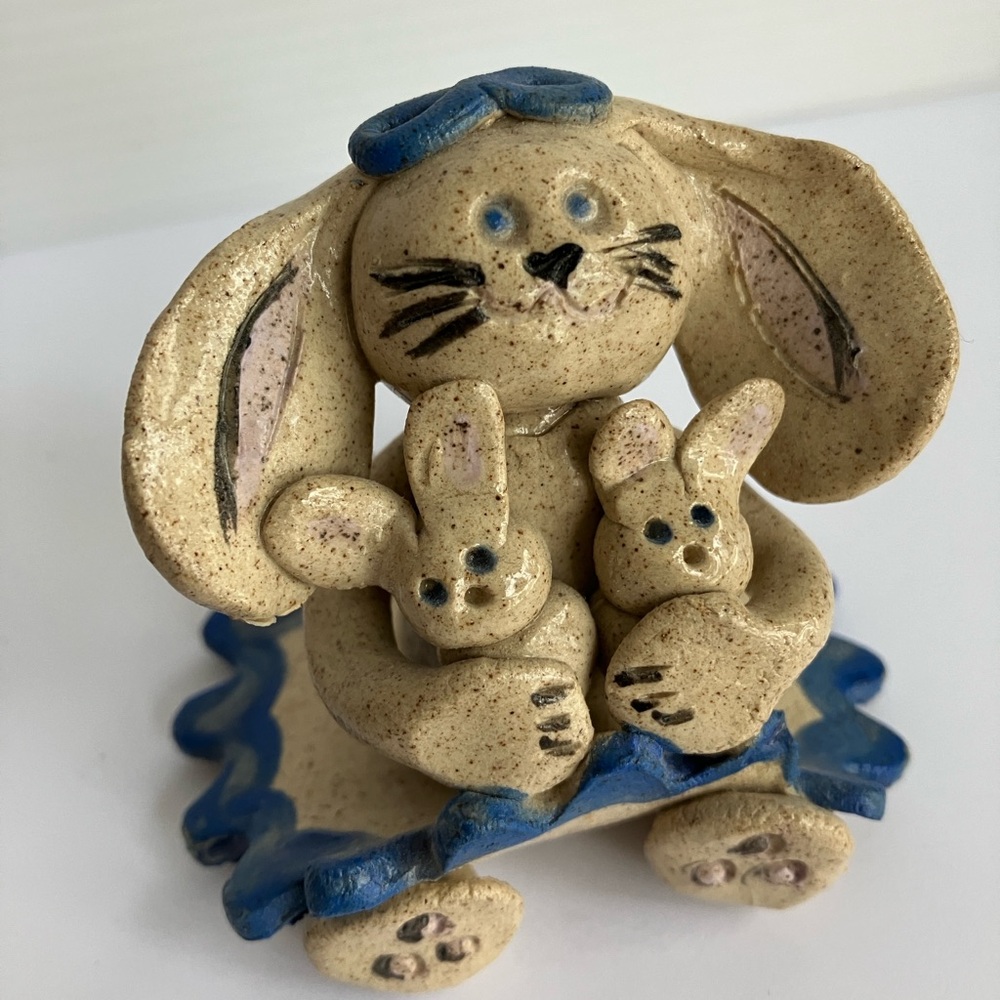 Vintage pottery rabbit with babies Handmade Easter Bunny Ceramic 90s Sasha